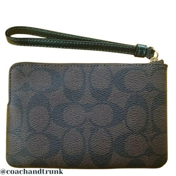 NWT COACH Corner Zip Wristlet In Signature Canvas With Metallic Forest Green - Picture 5 of 10